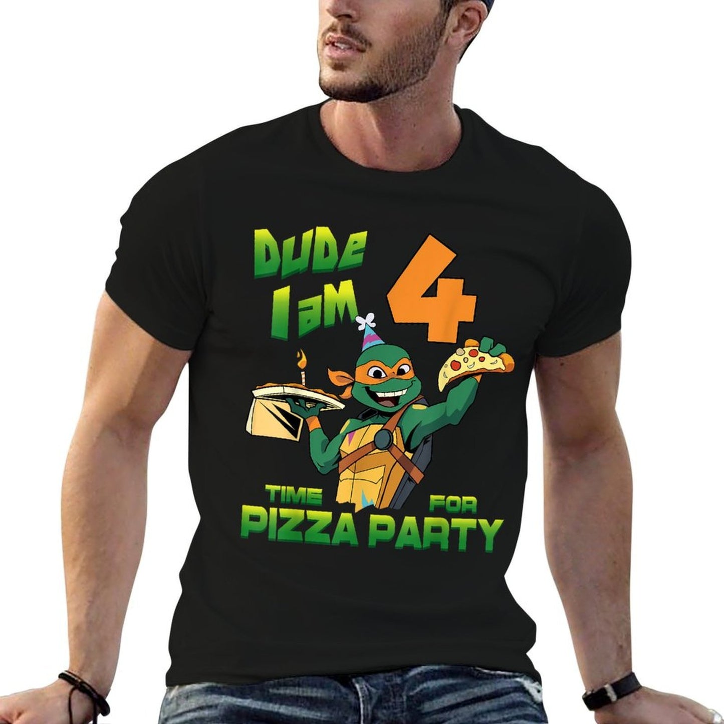 Mademark Xnage Mutant Ninja Turtles - Dude I Am 4 Years Old Mikey Pizza Birthday Party  Fade-proof Color T-Shirt
