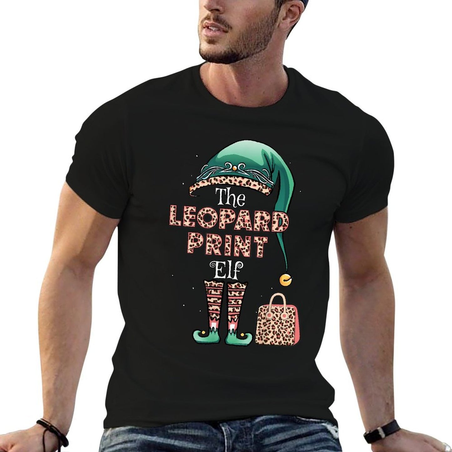 Leopard Print Elf Matching Family Christmas Stylish Leopard  Lightweight T-Shirt
