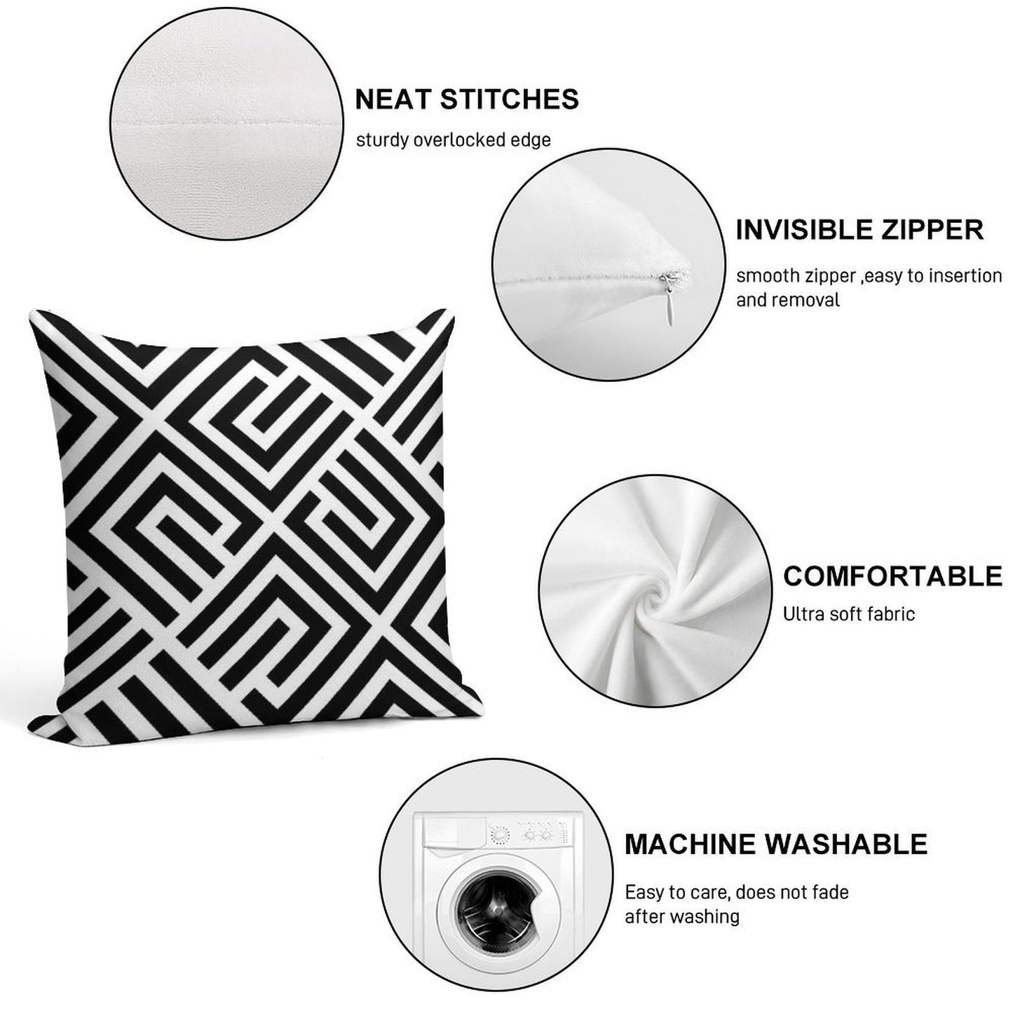LABYRINTH TILES PATTERN BLACK AND WHITE, BY SUBGIRL Soft Multiple Sizes Throw Pillow
