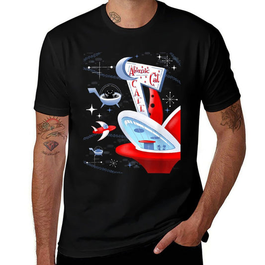Funny Atomic Cat Cafe Retro Futuristic Spaceport Mid Century  Eco-friendly Material T-Shirt