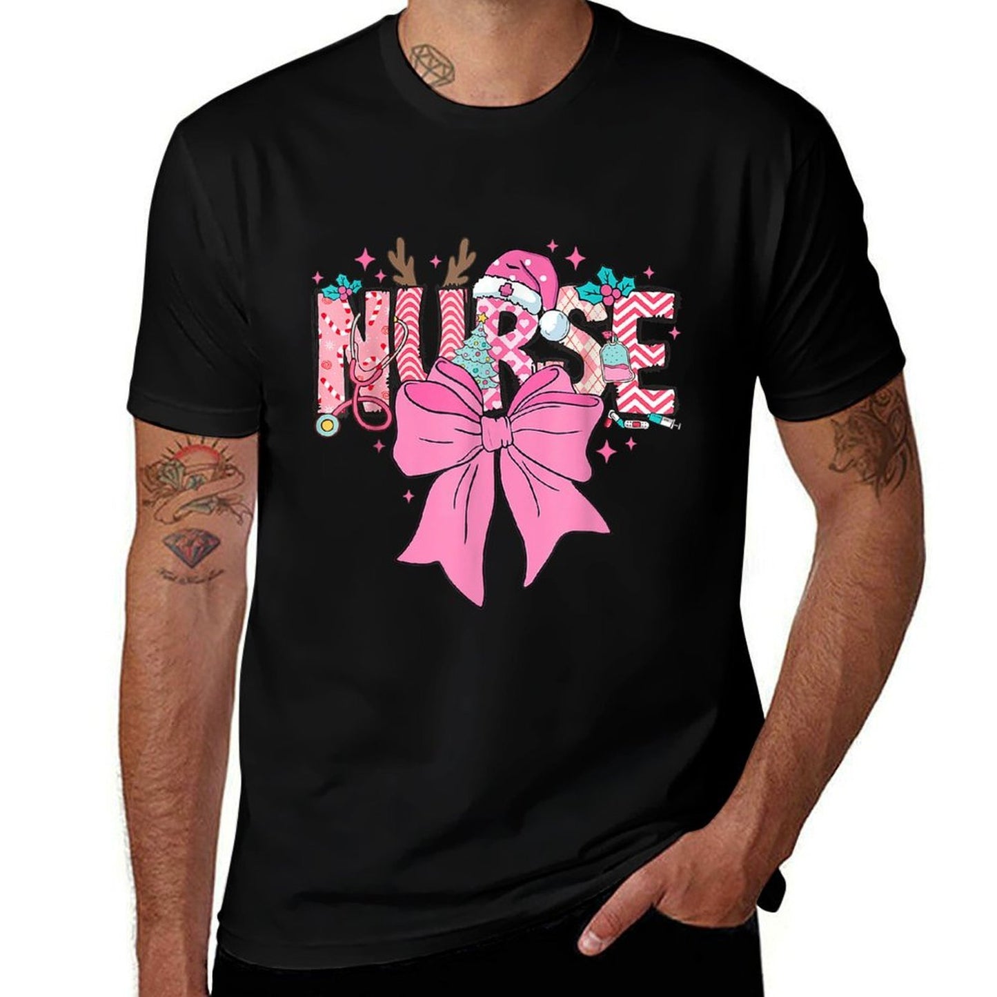 Coquette Nurse Christmas Nursing Pink Tone Bow Xmas Plaid  Heathered Texture T-Shirt