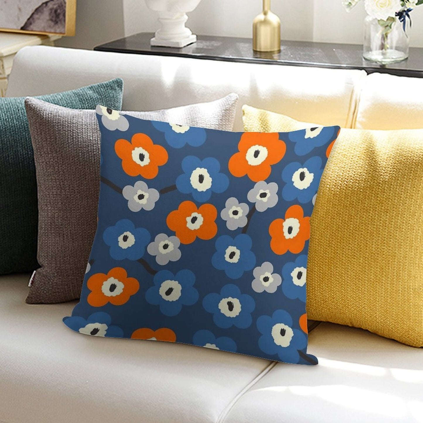 Iconic Modern Scandinavian Floral Pattern in Blue And Orange Soft Gift Ready Throw Pillow