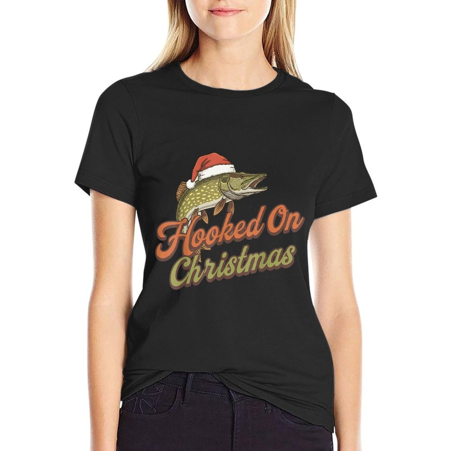 Hooked On Christmas Funny Pike Fishing Xmas  Summer-ready Fabric T-Shirt
