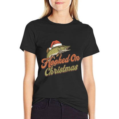 Hooked On Christmas Funny Pike Fishing Xmas  Summer-ready Fabric T-Shirt