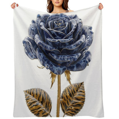 Blue Lapis Lazuli Rose with Golden Tiger Leaves Travel-friendly Throw Blanket