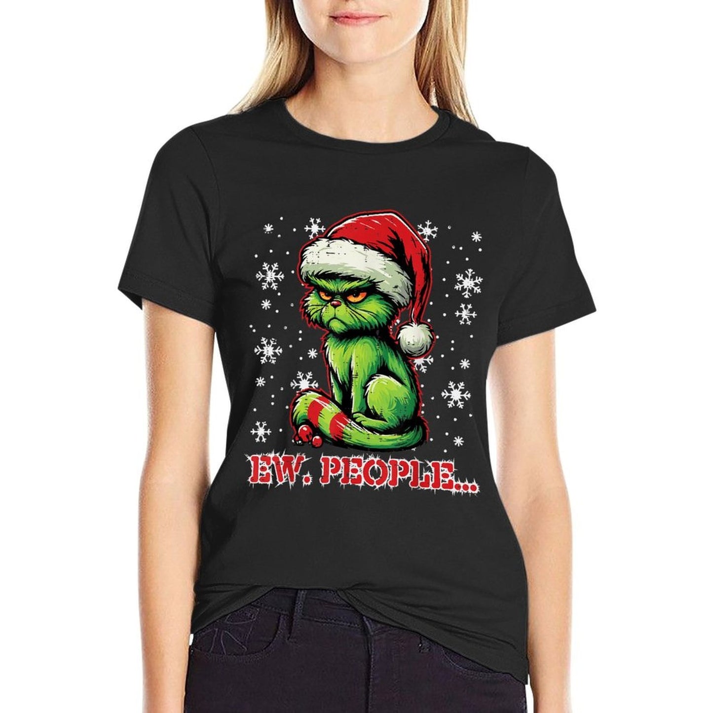 Christmas Cat Santa Ew People Funny Xmas Men Women Kids  Rolled Sleeves T-Shirt