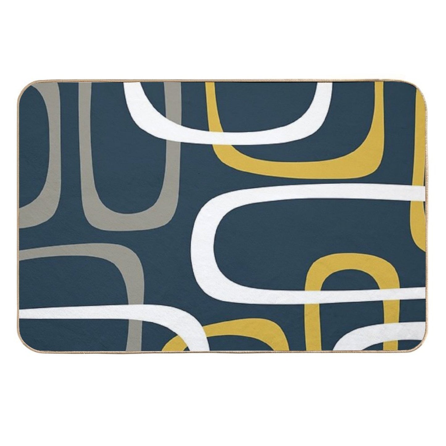 Midcentury Modern Loops Retro Pattern in Light Mustard, Grey, White, And Navy Blue  Non-Slip Bath Mat