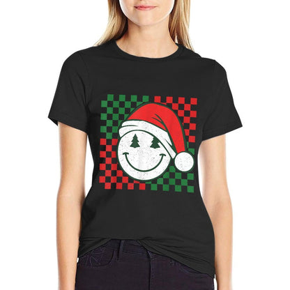 Retro Groovy Christmas Smile Face Santa Checkeredn Girls  Vintage-inspired T-Shirt