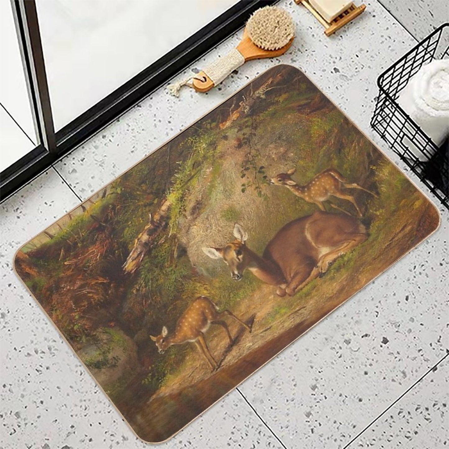 Arthur Fitzwilliam Tait - Doe And Two Fawns  Long-Lasting Bath Mat