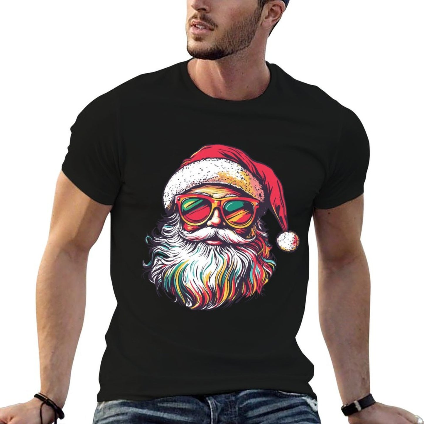 Retro Santa Face Sunglasses Christmas Xmas  Rolled Sleeves T-Shirt