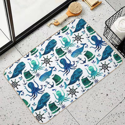 Watercolor Ocean Nautical Whale Octopus  Slip-Resistant Bath Mat