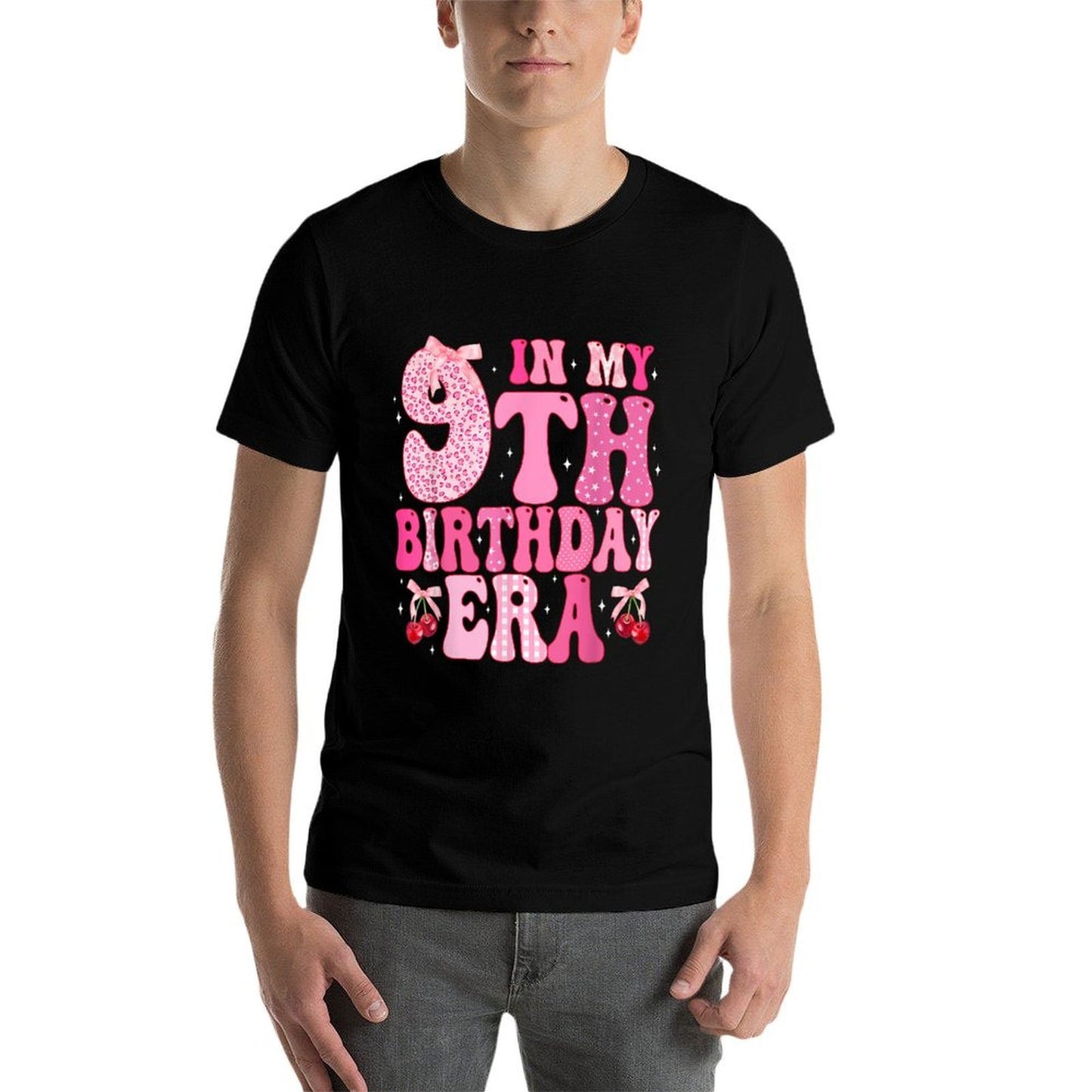 Kids In My 9th Birthday Era Girl Coquette Bow Cherry Theme  Tagless Design T-Shirt
