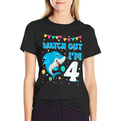 Kids Watch Out Shark I'm 4 Years Old Birthday Boy Back to School  Relaxed-fit T-Shirt