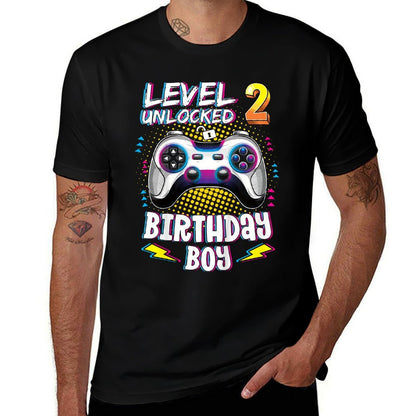 Kids 2 Years Old Birthday Level 2 Unlocked Gamer 2nd Birthday Boy  Summer-ready Fabric T-Shirt