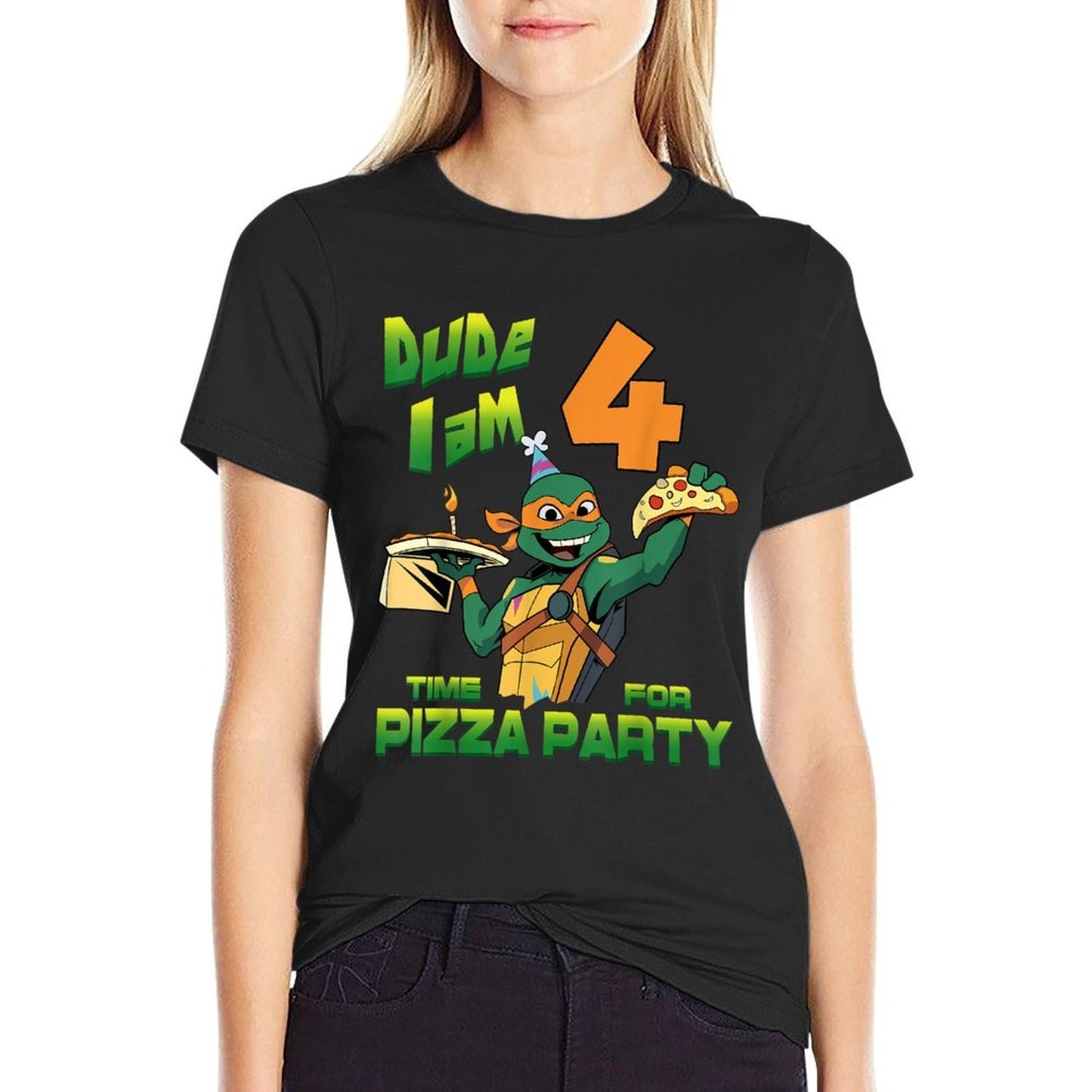 Mademark Xnage Mutant Ninja Turtles - Dude I Am 4 Years Old Mikey Pizza Birthday Party  Fade-proof Color T-Shirt