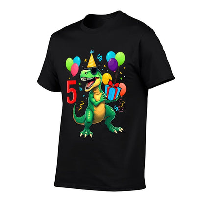 5th Birthday Boy Dinosaur Happy Bday T-rex Party Kids  Ribbed Collar T-Shirt