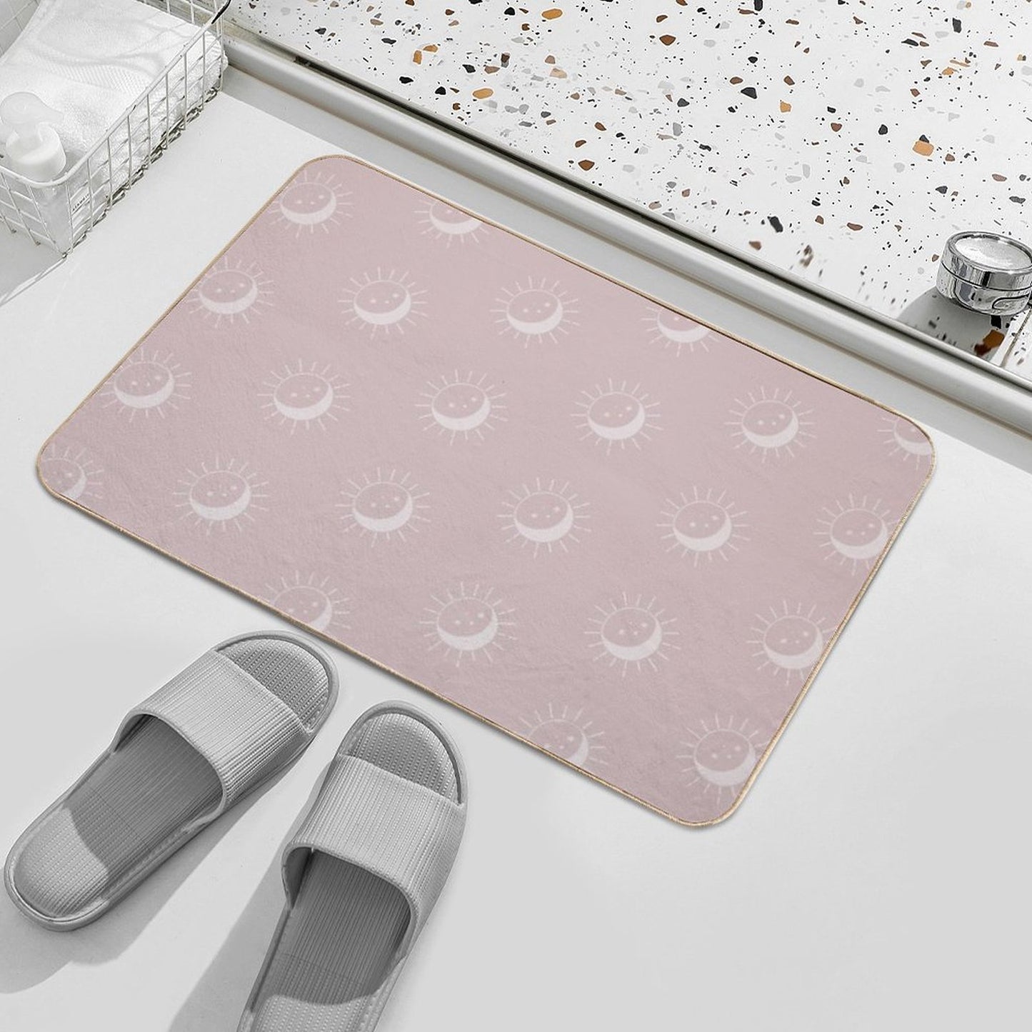 Pretty Sun And Moon Pattern Soft Aesthetic In Muted Colors Gray Pink  Easy To Clean Bath Mat
