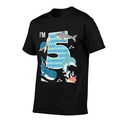Kids 5 Year Old Ocean Life Whale Dolphin Shark 5th Birthday  Summer-ready Fabric T-Shirt
