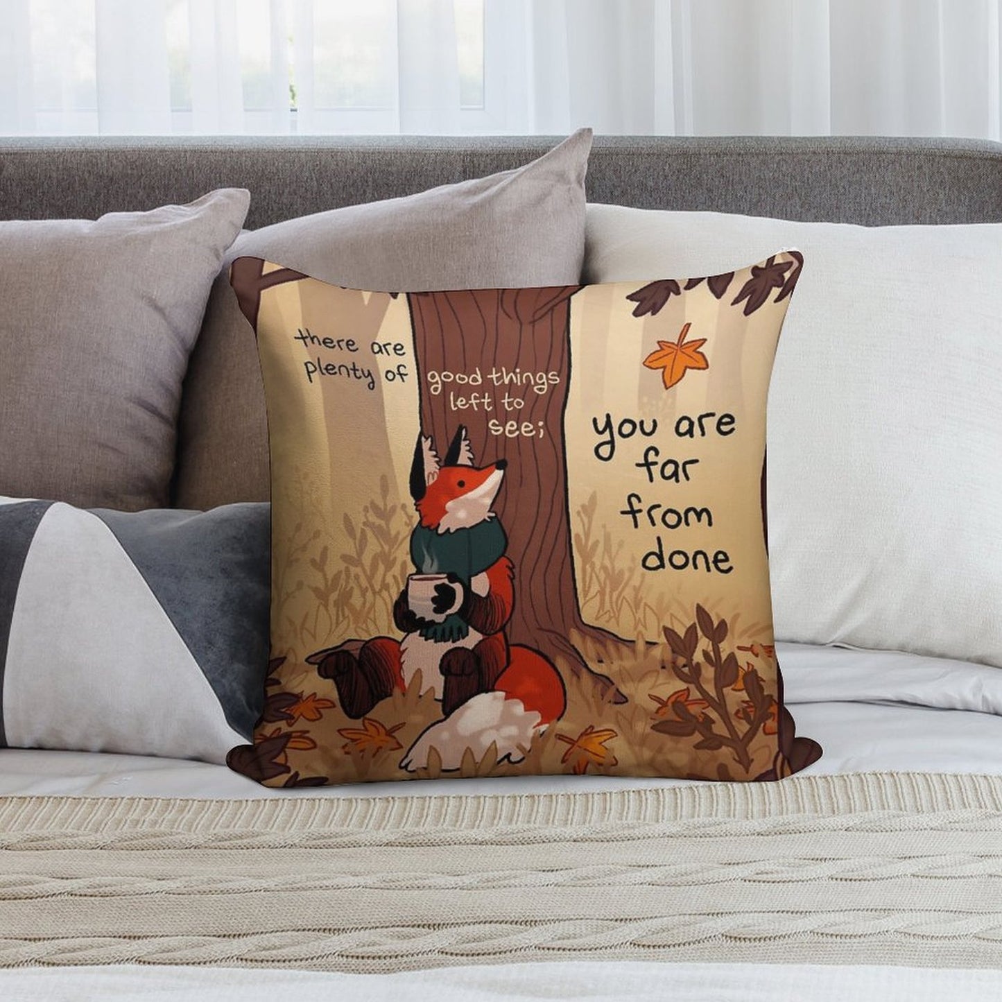 You Are Far From Done Autumn Forest Fox Soft Short Plush Fabric Throw Pillow
