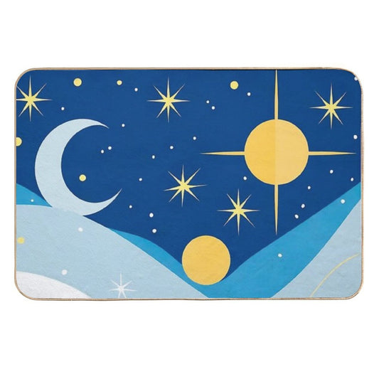 Abstract Horoscope Blue Sky Design with Stars, Moons And Suns in Deferent Shapes And Colors .  Easy To Clean Bath Mat