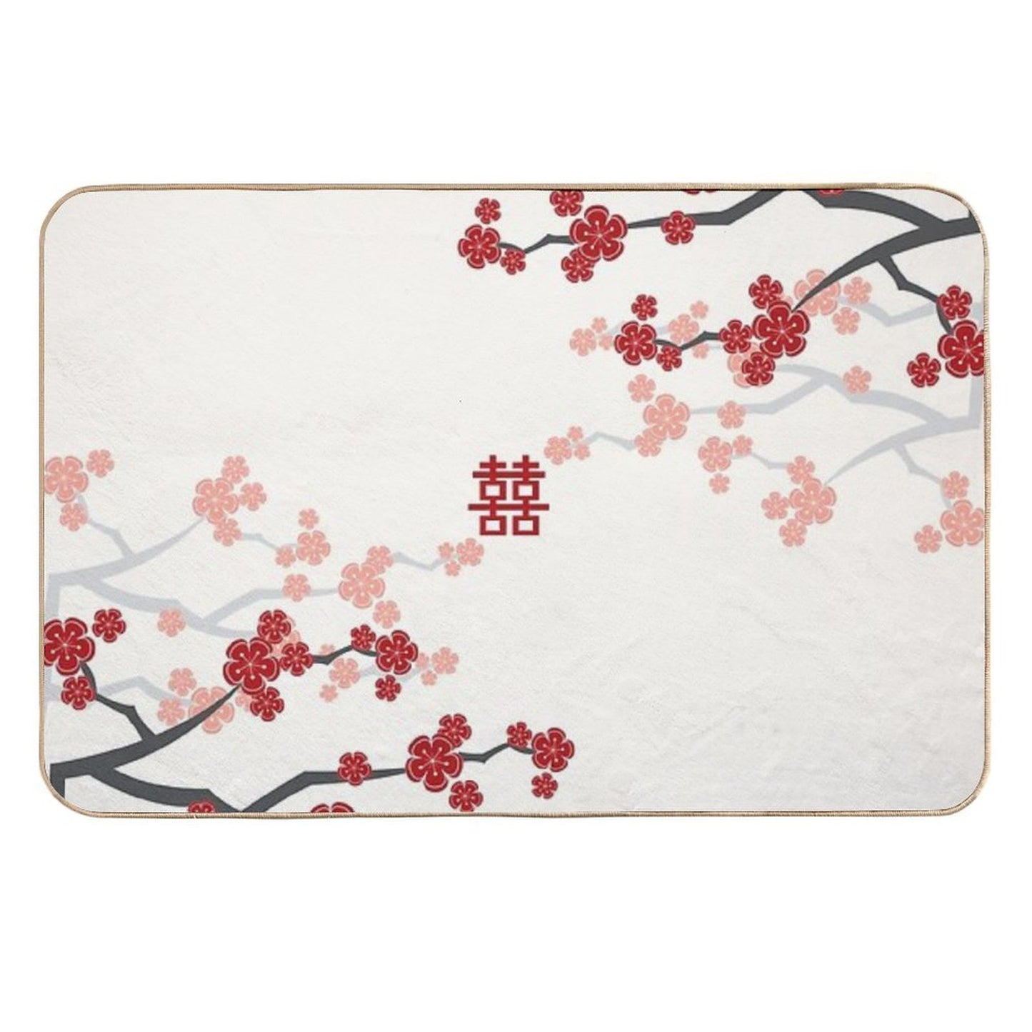 Red Oriental Cherry Blossoms on Ivory And Chinese Wedding Double Happiness  Japanese Sakura © Fatfatin  High-Traffic Bath Mat