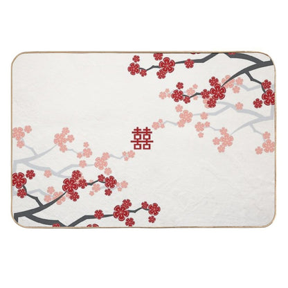 Red Oriental Cherry Blossoms on Ivory And Chinese Wedding Double Happiness  Japanese Sakura © Fatfatin  High-Traffic Bath Mat