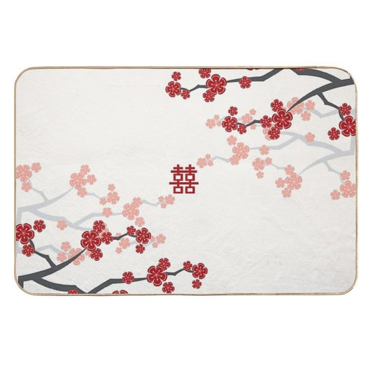 Red Oriental Cherry Blossoms on Ivory And Chinese Wedding Double Happiness  Japanese Sakura © Fatfatin  High-Traffic Bath Mat