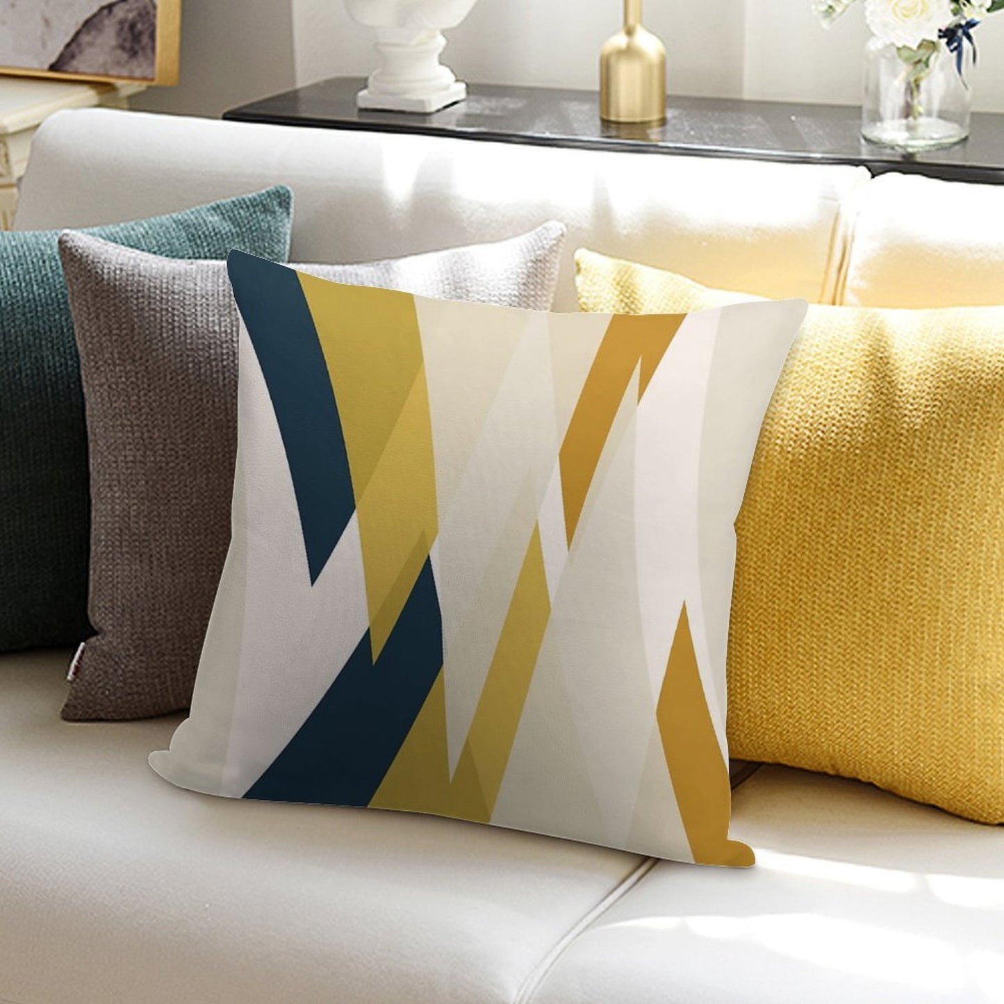 Triangular Abstract in Mustard Yellows, Navy Blue, And Blush Tones. Minimalist Geometric Soft Style Accent Throw Pillow