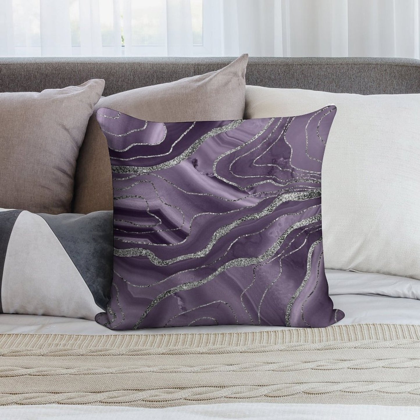 Lavender Agate Silver Glam #1 (Photo of Glitter Only - Not Reflective) Soft Durable Construction Throw Pillow