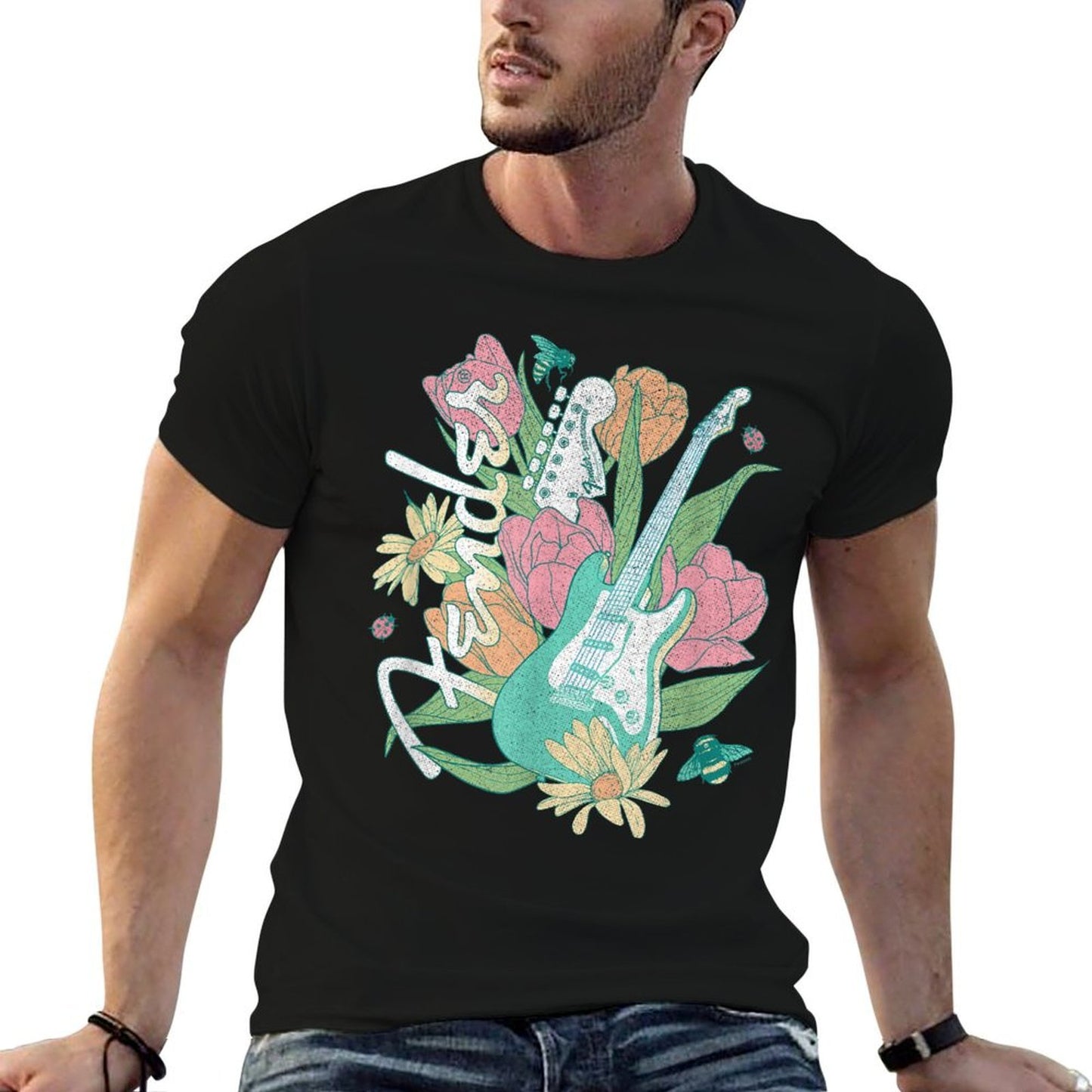 Fender Spring Time Guitar Vintage Bees And Flowers Poster  Trendy Pattern T-Shirt