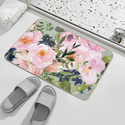 Floral Watercolor Rose Bouquet, Green And Pink  High-Traffic Bath Mat