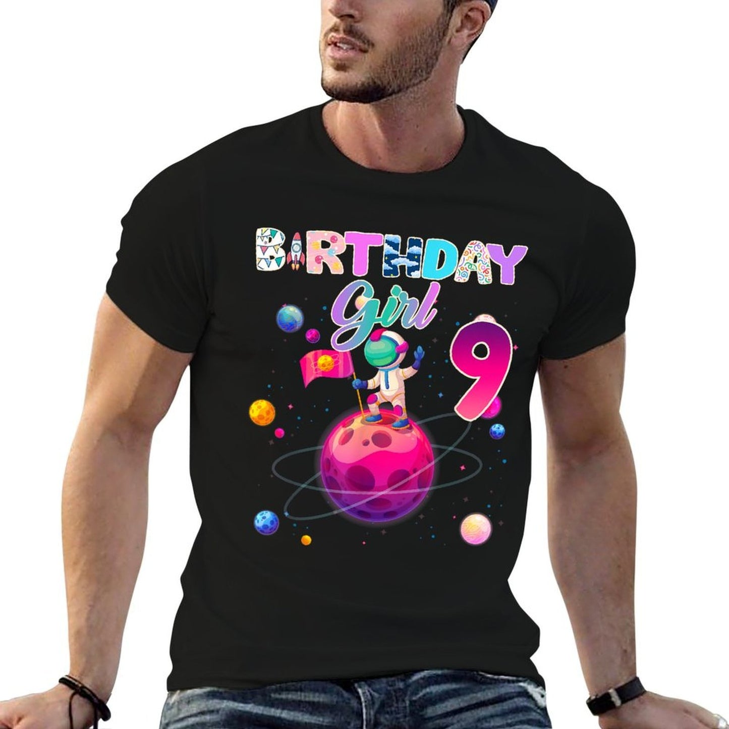 9th Space Birthday Girls Little Space Birthday Family Galaxy  Fade-proof Color T-Shirt