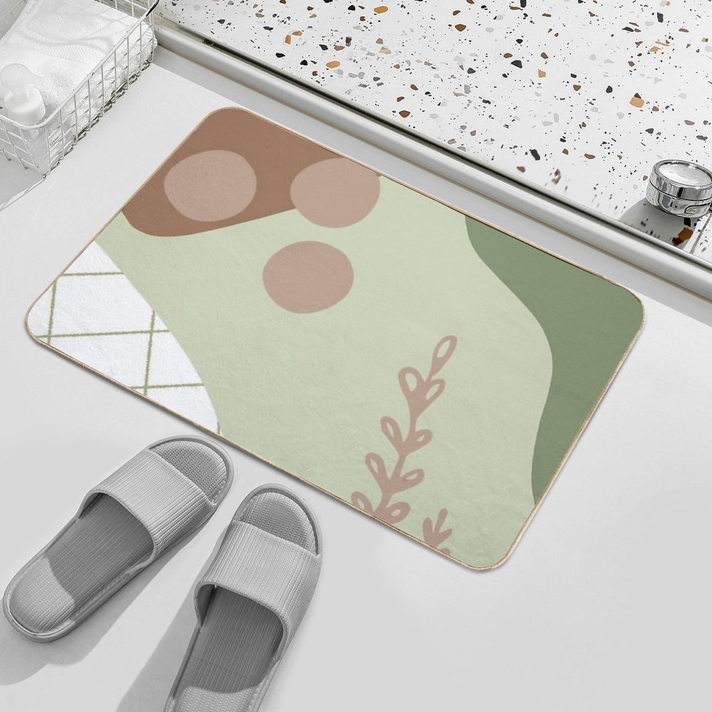 Brown, Sage Green, Olive Green And White Boho Abstract Minimalistic Design  Absorbent Bath Mat