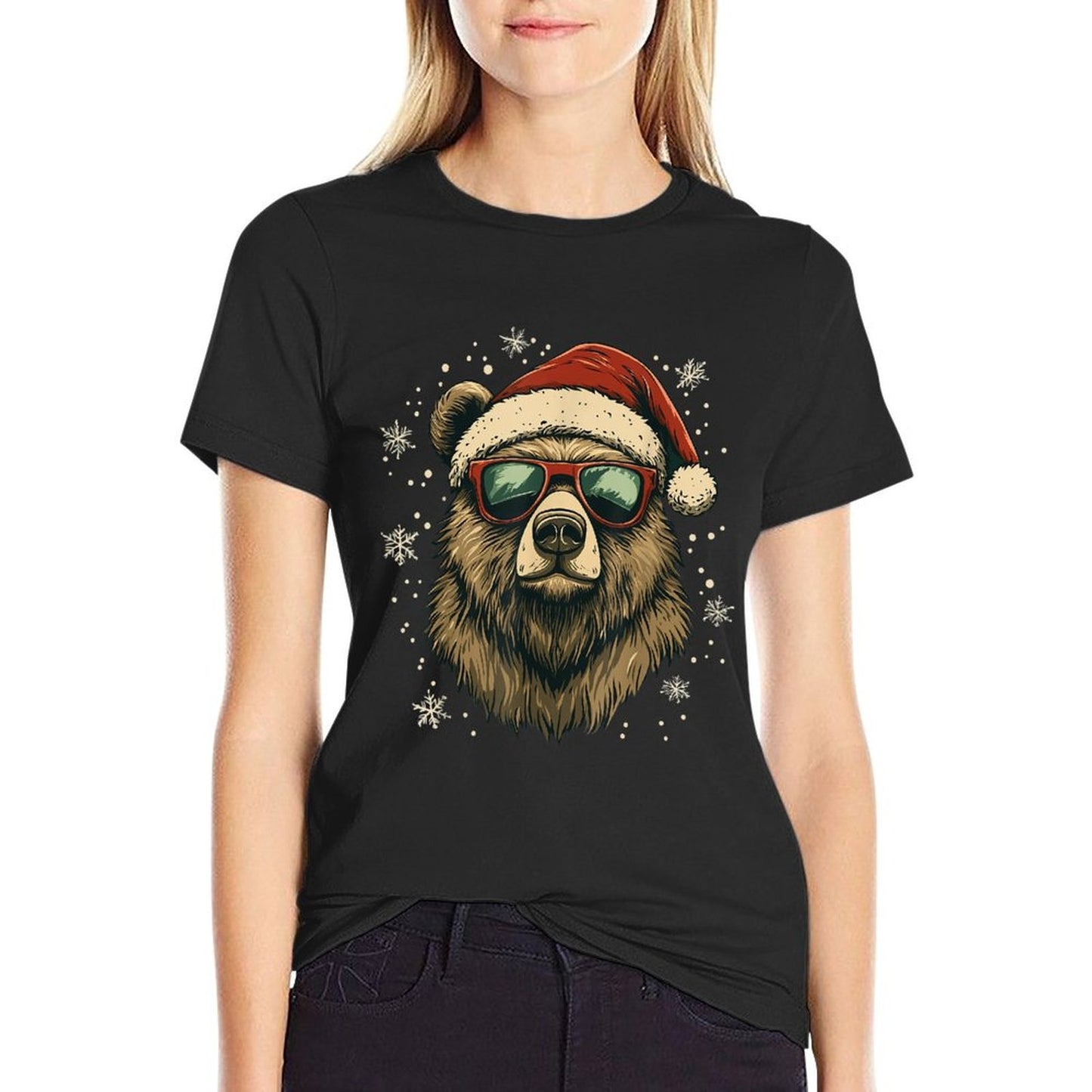 Grizzly Bear Santa Hat Funny Cute Animal Lover Christmas  Easy-care T-Shirt