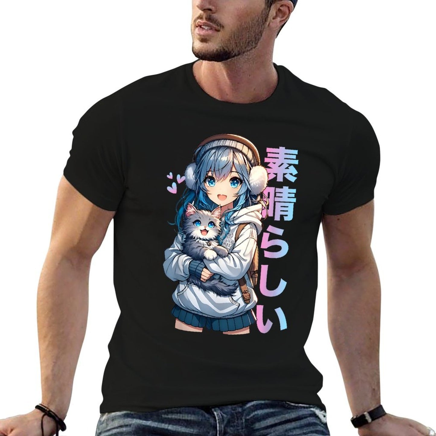 Cute Anime Girl with A Cat for Cat Lover Kawaii Otaku Manga  Versatile T-Shirt
