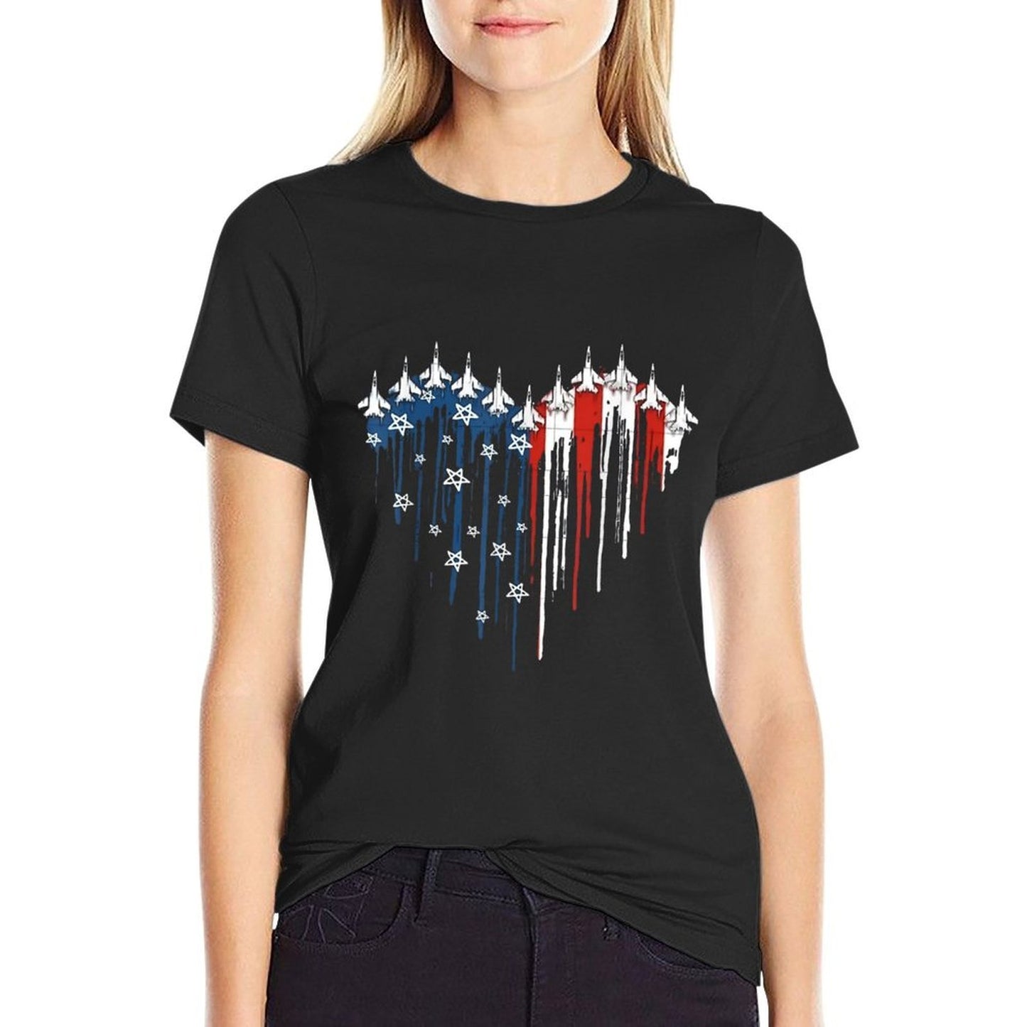 Fighter Jet Airplane American Heart 4th Of July Retro  Trendy Pattern T-Shirt