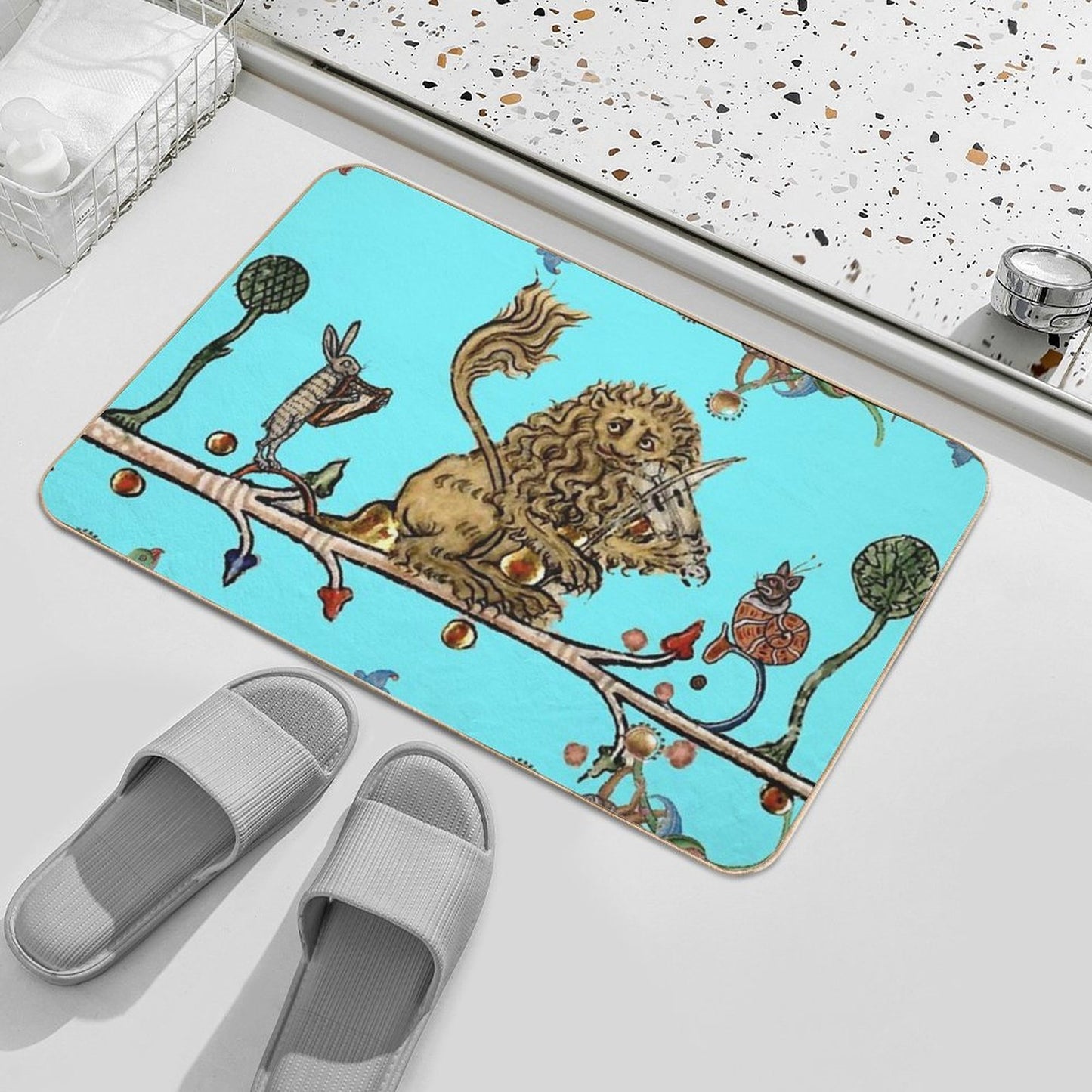 WEIRD MEDIEVAL BESTIARY MAKING MUSIC Violinist Lion,Hare,Snail Cat in Blue by Bulgan Lumini  Odorless Bath Mat