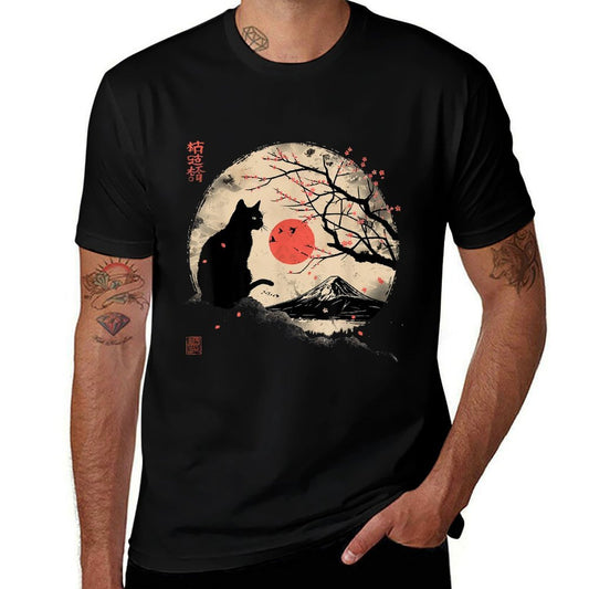 Black Cat Vintage Japan Art Japanese Theme Retro Print  Cotton T-Shirt