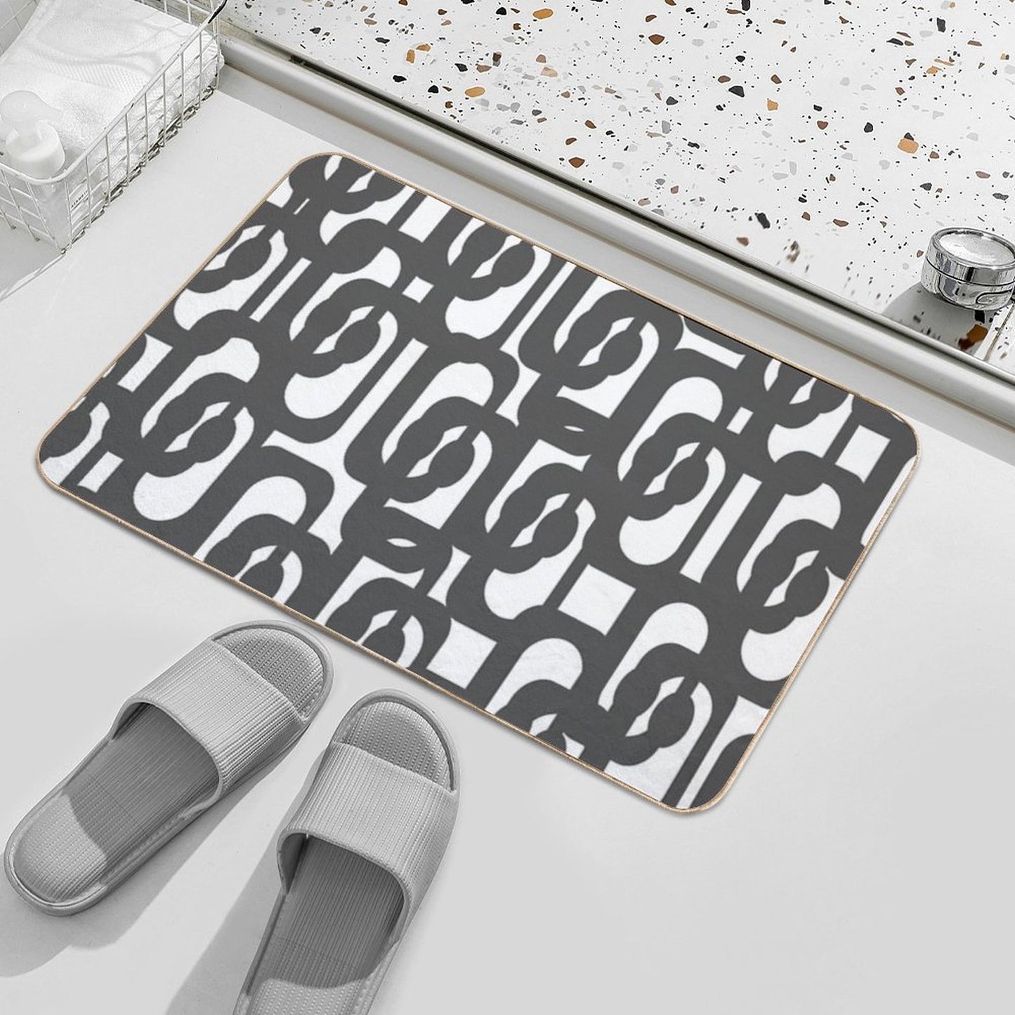 Dark Grey And White Mid-century Modern Abstract Loop Pattern  Non-Slip Bath Mat