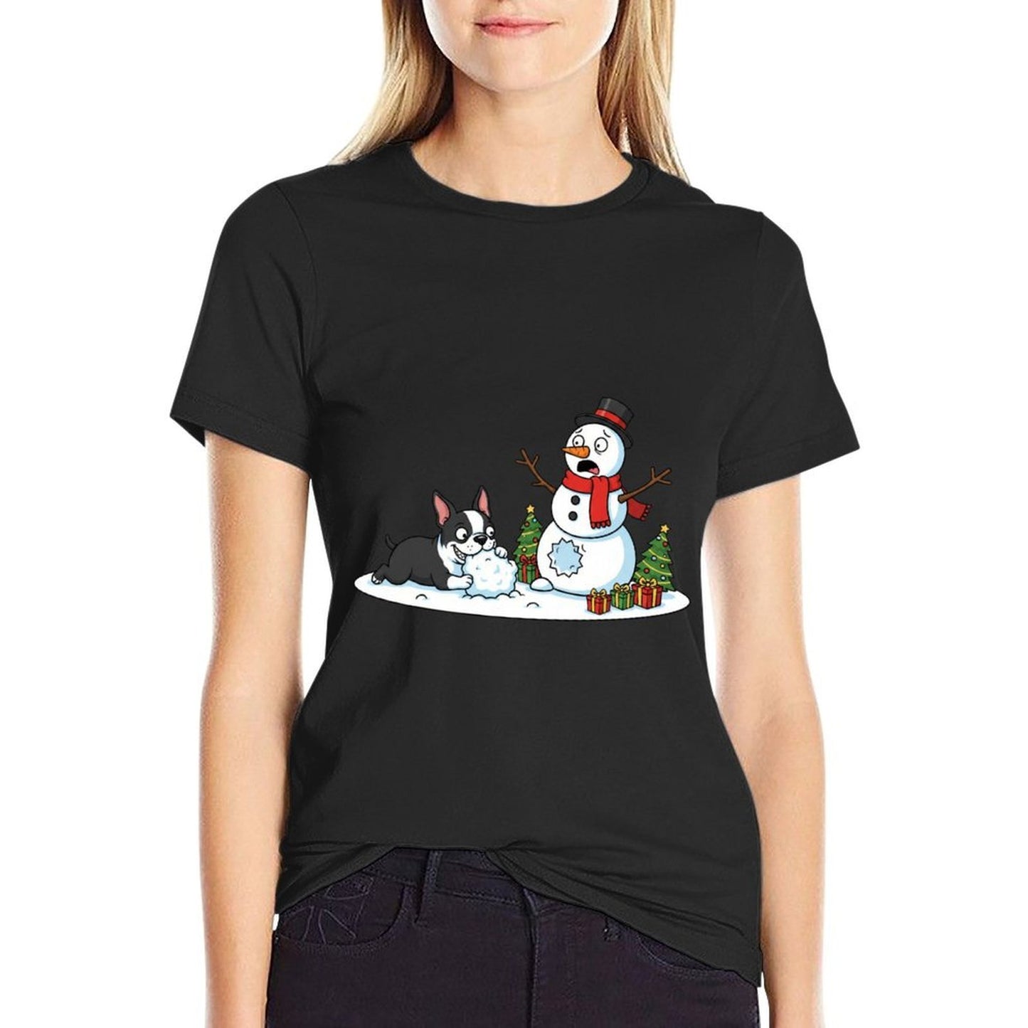 Boston Terrier Snowman Christmas Tree Xmas Womens Mens Kids  Tagless Design T-Shirt