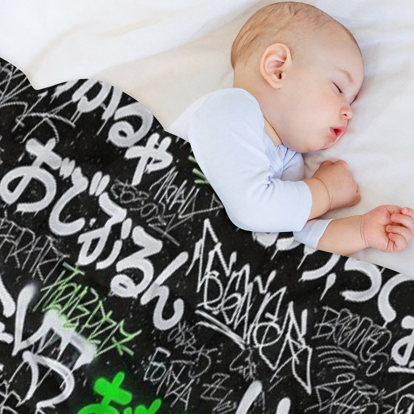Japanese Graffiti Tags White & Lime Green on Black Sustainable Throw Blanket
