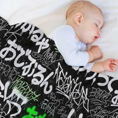 Japanese Graffiti Tags White & Lime Green on Black Sustainable Throw Blanket