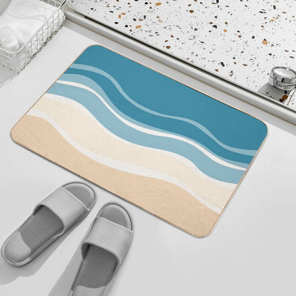 A Design of A Pattern Where Waves Meet The Sandy Shore, Incorporating Beige And Blue Tone.  Odorless Bath Mat