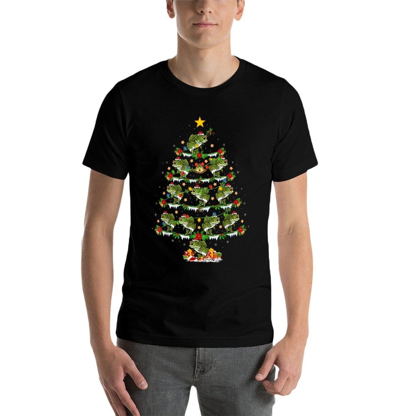 Holiday Xmas Lighting Santa Bass Fish Christmas Tree  Tagless Design T-Shirt