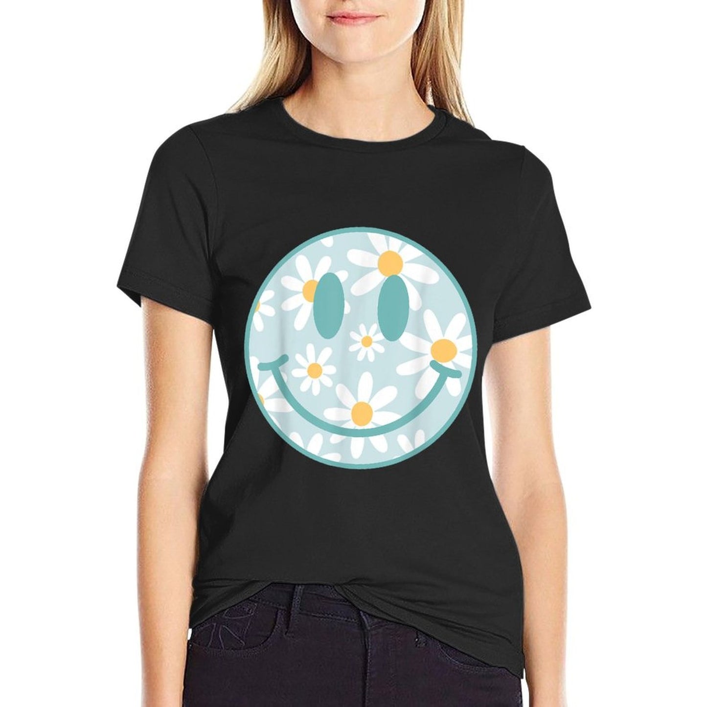 Retro Teal Happy Face Checkered Pattern Smile Face Trendy  Affordable Price T-Shirt