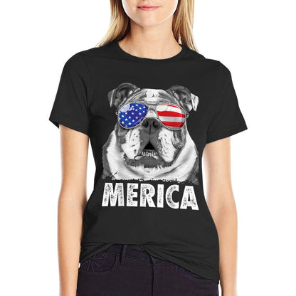 English Bulldog 4th of July Merica Men Women USA Retro  Versatile T-Shirt