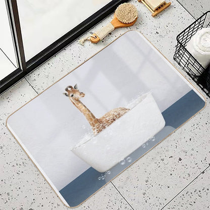 Baby Giraffe in Modern Bathtub Blue Print, Baby Giraffe Bathing, Animals in Bathtub Art by Synplus  Pet-Safe Bath Mat