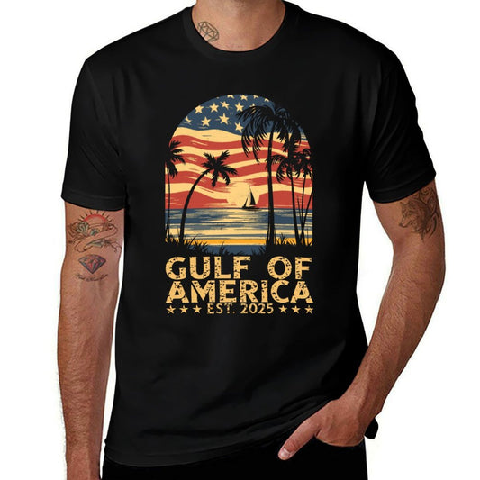 Retro Gulf Of USA America Est 2025 American Flag Gulf Mexico Ribbed Collar T-Shirt