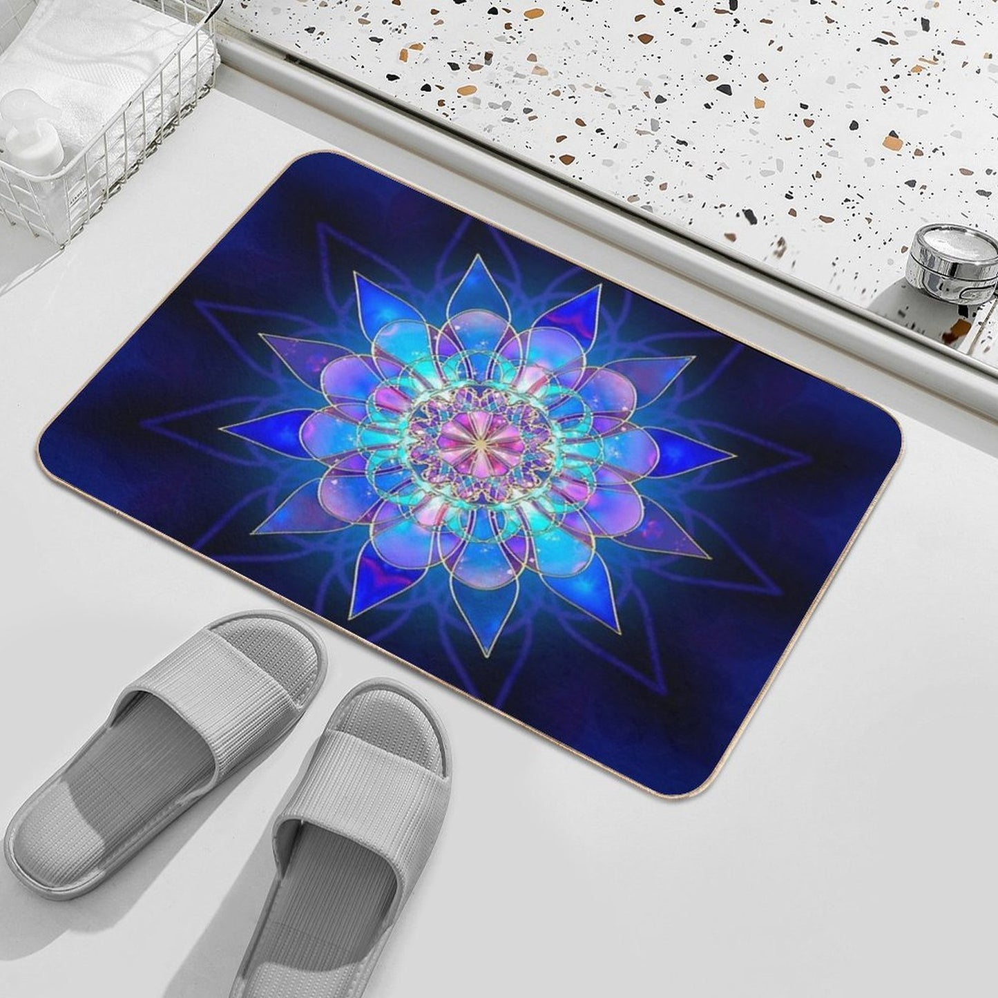 Blue Flower Mandala Fractal  Toxin-Free Bath Mat