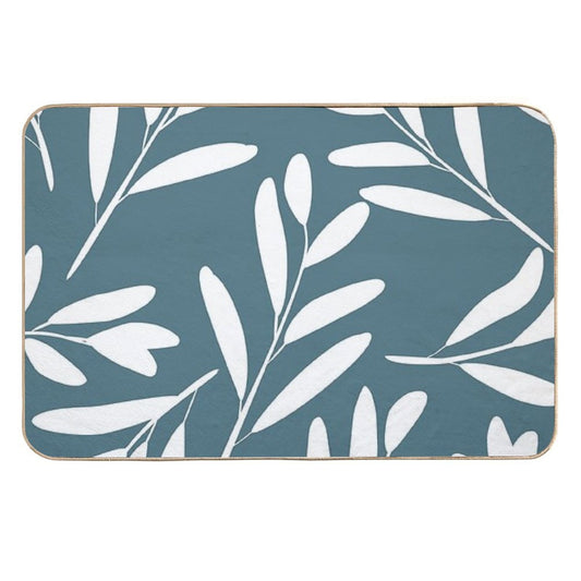 Floral Leaves Botanical Pattern, White on Teal  Multi-Purpose Bath Mat